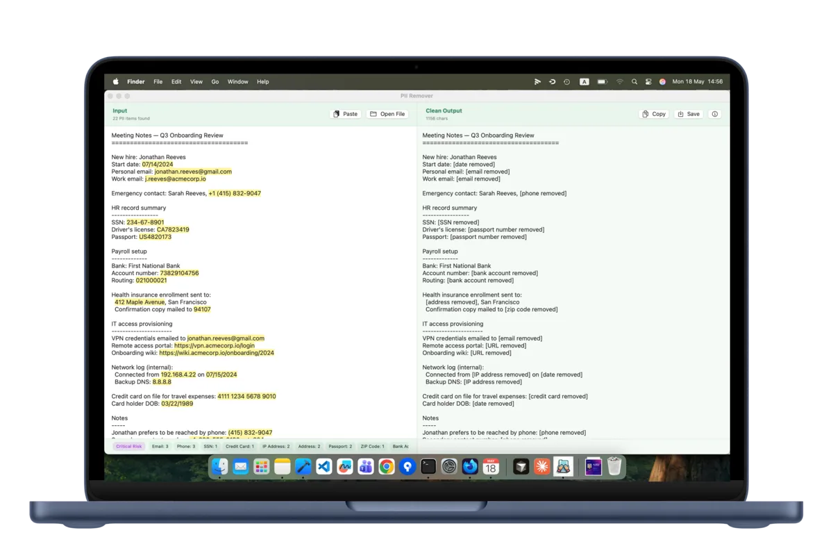 PII Remover app — cleaning sensitive text on macOS